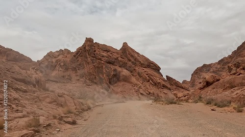Logandale Nevada red rock recreation off road riding POV 1. Southern desert near Valley of Fire State Park. Red sandstone, mountain, sand trails, valley canyons. Erosion wind water. Outdoor extreme.