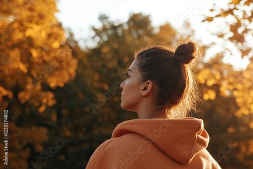 Warm autumn scene showcases woman in cozy hoodie surrounded by g photo