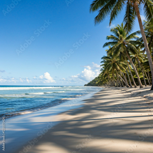 Photo of a long beach, on one side of the beach the lapping waves against the shore, white sand extends into the distance, on the other side, a row of palm trees runs parallel to the shoreline. 