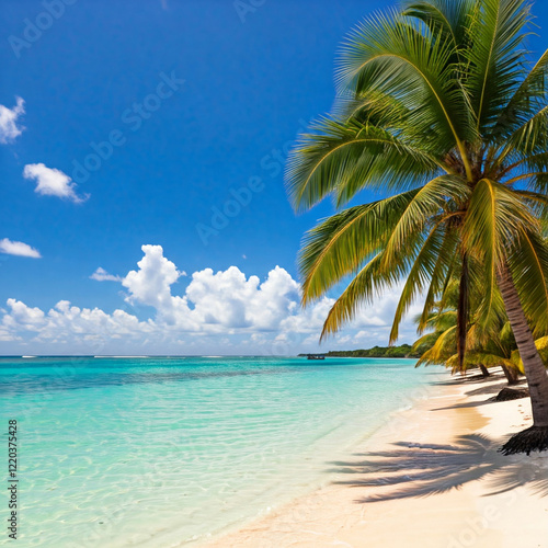 Landscape of a tropical beach with stunning turquoise water, fine white sand and a vibrant sky. Idilic destination for a summer holiday 