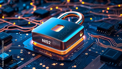 Cybersecurity and Data Protection: A sleek, metallic padlock inscribed with 