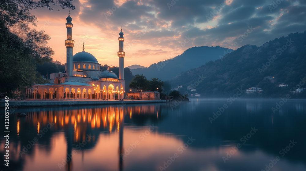 Obraz premium Serene Mosque at Sunrise Reflected in Still Water