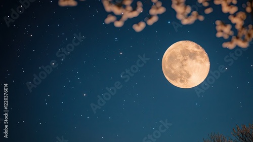 Bright full moon illuminates serene night sky filled with twinkl photo