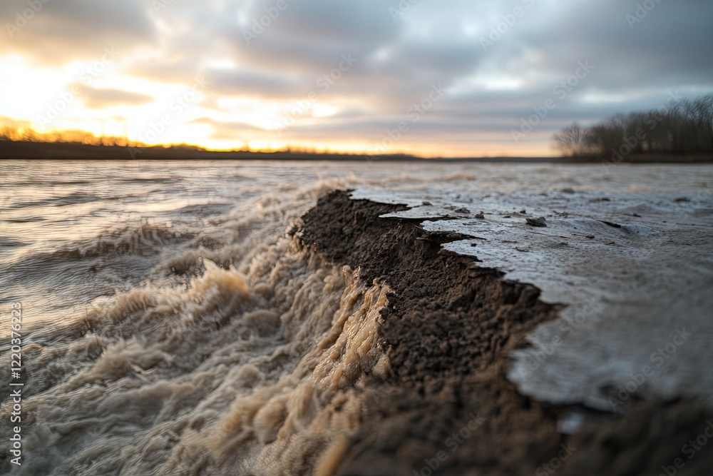 Fototapeta premium Dynamic riverbank erosion captured at sunset, showcasing turbule