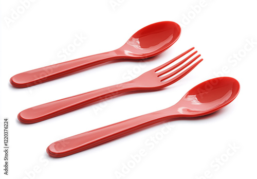 Red Plastic Cutlery - Spoon, Knife, and Fork on White Background photo