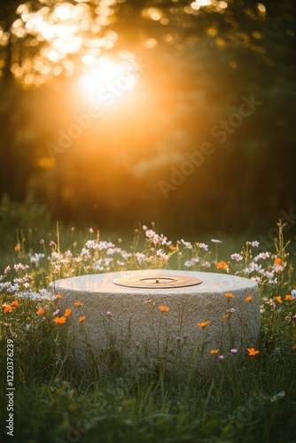 Sunset illuminates stone pedestal surrounded by vibrant wildflow photo