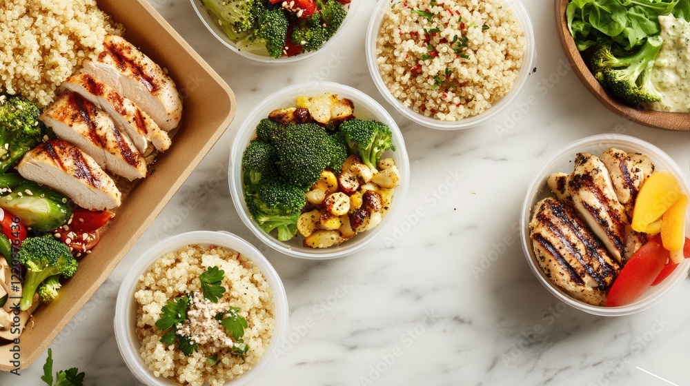 A flat lay of portion control containers filled with healthy food like quinoa, broccoli, and grilled chicken on a marble surface. A flat lay of portion control containers filled with healthy food like quinoa, broccoli, and grilled chicken on a marble surface.