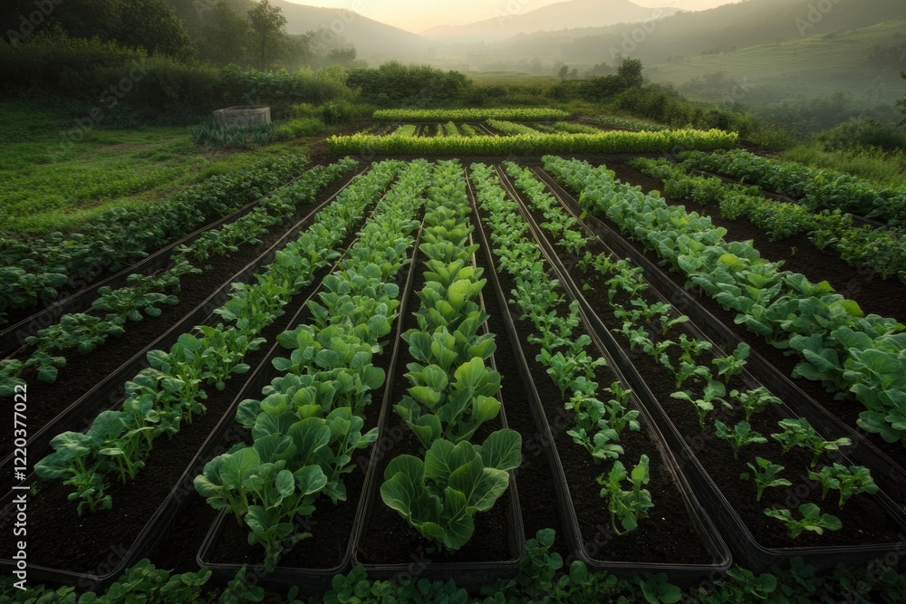 Obraz premium Lush green rows of vegetables stretch across tranquil landscape