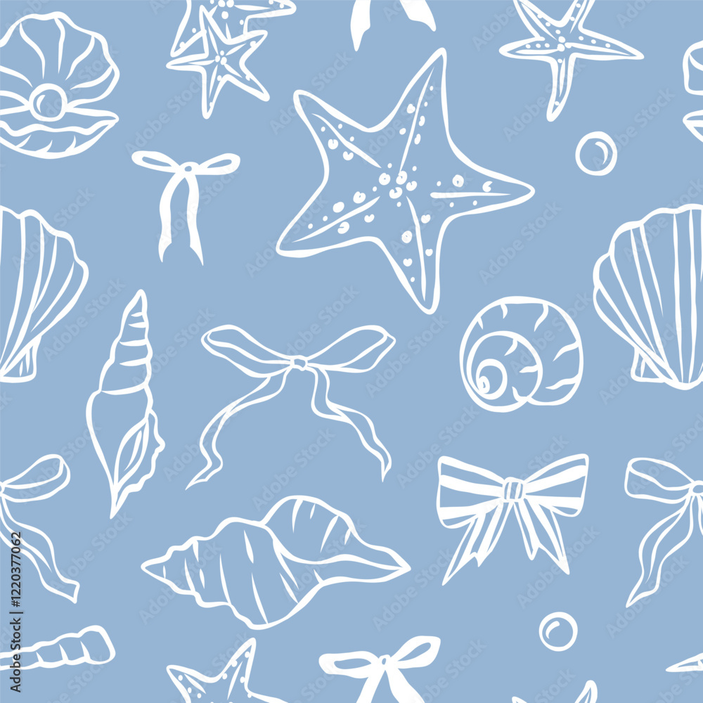 Fototapeta premium Hand drawn whimsical shells and bows seamless pattern
