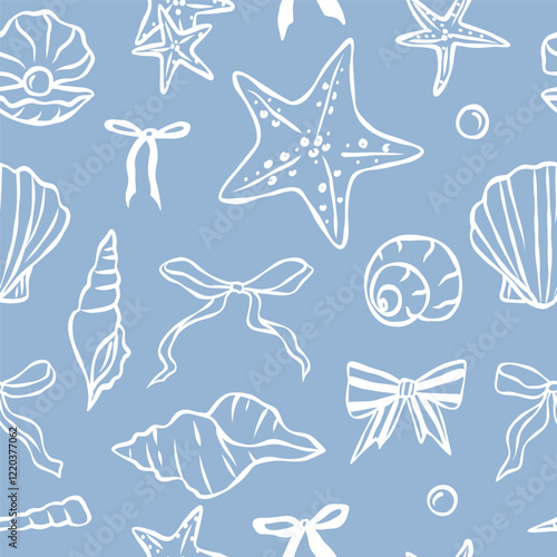 Hand drawn whimsical shells and bows seamless pattern