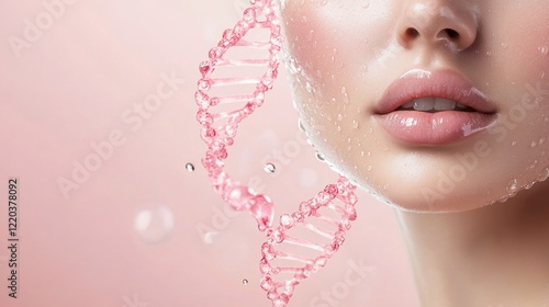 Close-up of a beautiful woman's face and the double helix of DNA behind her, a shining molecular structure, the concept of healthy skin for youth