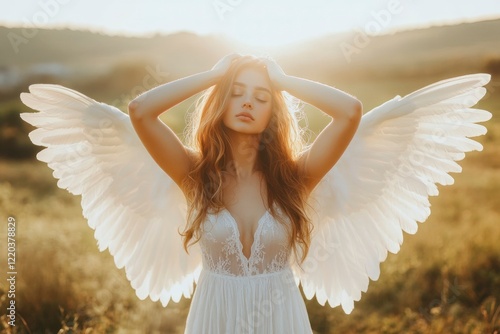 A full-body photograph of a beautiful angelic woman in white with golden wings, standing in an open field. Her arms are raised above her head, and her hands are folded as if in prayer.  photo