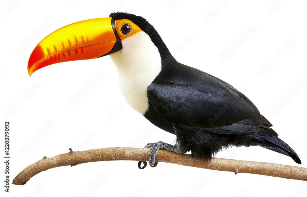 Colorful toucan perched on a branch in nature, cut out - stock png. Colorful toucan perched on a branch in nature, cut out - stock png.