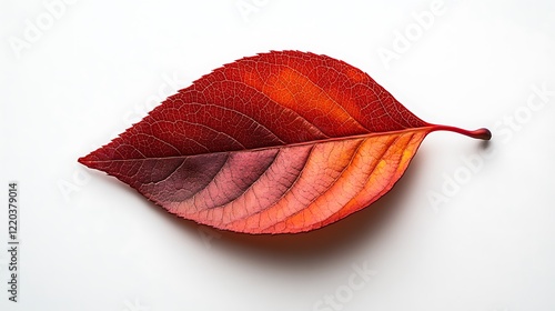 A minimalistic shot of a single red leaf on a white background, with soft natural lighting emphasizing its texture.