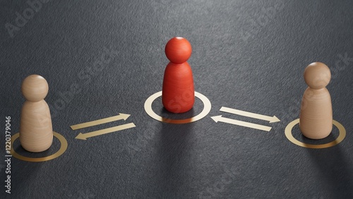 Three pawns and golden arrows. Concept of interpersonal conflict management and conciliator.3D rendering on black background.