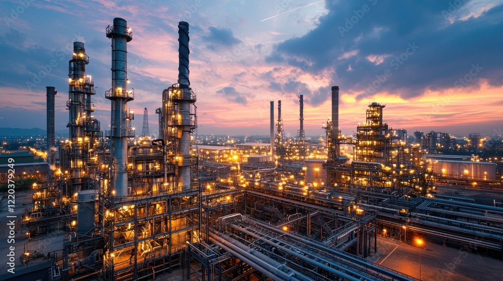 Industrial Oil Refinery at Dusk with Illuminated Structures and Sky Industrial Oil Refinery at Dusk with Illuminated Structures and Sky