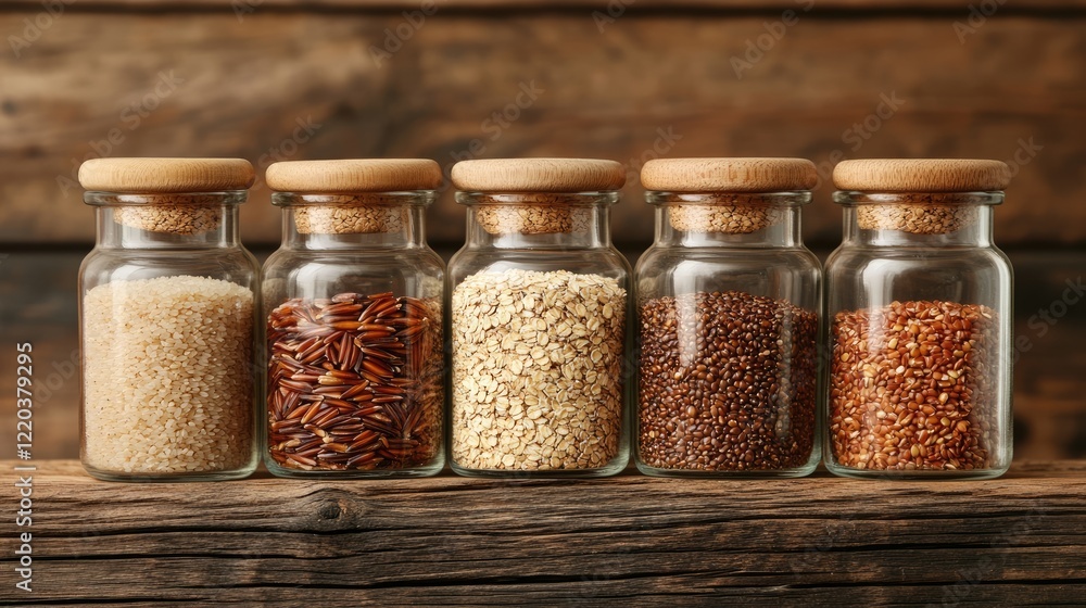 A selection of whole grains like brown rice, quinoa, and oats displayed in small glass jars on a wooden shelf. A selection of whole grains like brown rice, quinoa, and oats displayed in small glass jars on a wooden shelf.