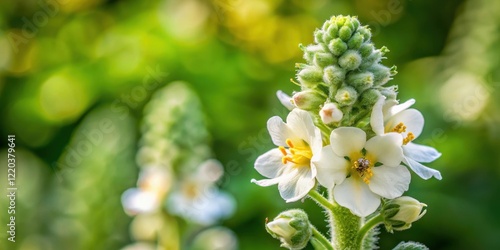 Close-up of Verbascum lychnitis flower with delicate white petals and yellow center, set against a soft green leaf background photo