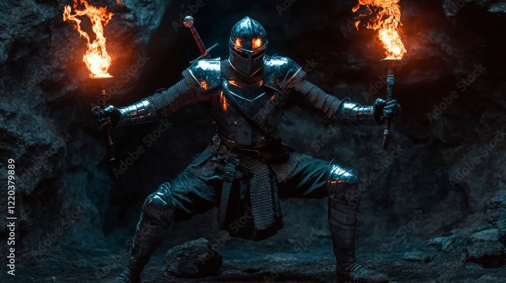 Fototapeta premium full-body shot of an armored knight holding two torches, one in each hand, and standing on one knee with a helmet on and a sword hanging by its hilt at his side, against a dark cave background.
