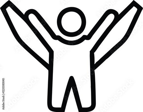 Minimalist stick figure drawing, triumphant pose, arms raised, dynamic motion lines, black and white illustration, simple geometric shapes, abstract human form, victory symbol, celebratory icon, bold 