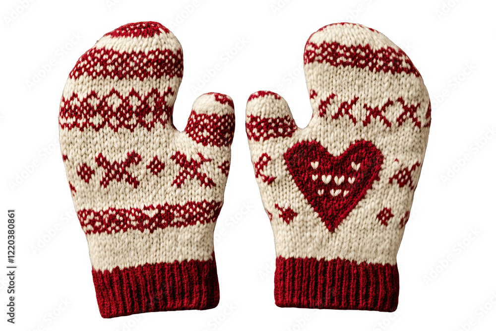 Cozy knitted mittens with heart pattern on white isolated background.,vanlentine day,cut out Cozy knitted mittens with heart pattern on white isolated background.,vanlentine day,cut out