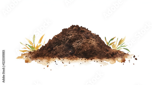 watercolor of pile of dirt soil isolated on white or white png photo