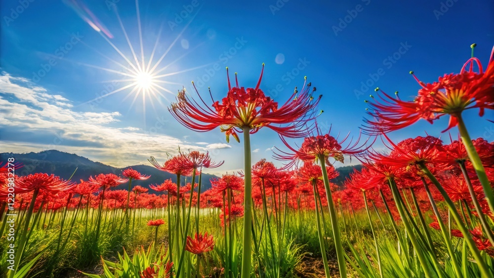 Minimalist Serene Landscape: Red Spider Lilies Under a Vast Blue Sky Minimalist Serene Landscape: Red Spider Lilies Under a Vast Blue Sky