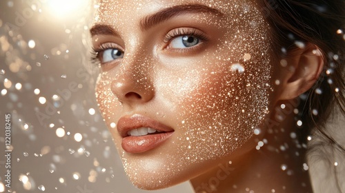 Close-up of a beautiful woman's face and the double helix of DNA behind her, a shining molecular structure, the concept of healthy skin for youth