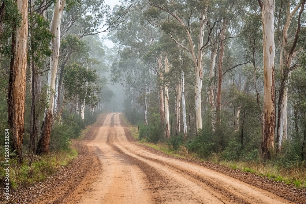 Obraz premium Misty Road Winding Through Eucalyptus Trees on a Foggy Morning in the Australian Outback, Scenic Drive, Tranquil Landscape, Nature Photography