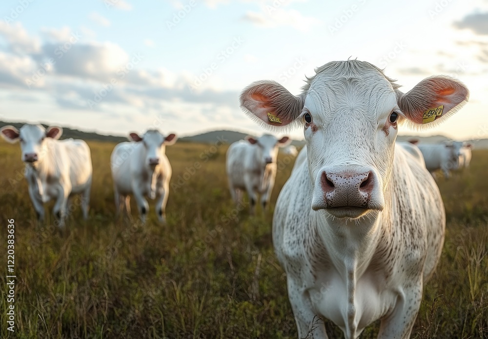 A Close-Up of a Curious White Cow Gazing at the Camera with a Gentle Background of Grazing Herd on a Bright Sunny Day in a Serene Rural Landscape A Close-Up of a Curious White Cow Gazing at the Camera with a Gentle Background of Grazing Herd on a Bright Sunny Day in a Serene Rural Landscape