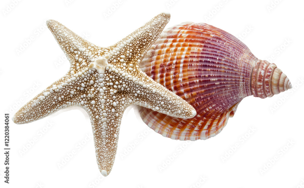 Starfish and seashells on display, cut out - stock png. Starfish and seashells on display, cut out - stock png.
