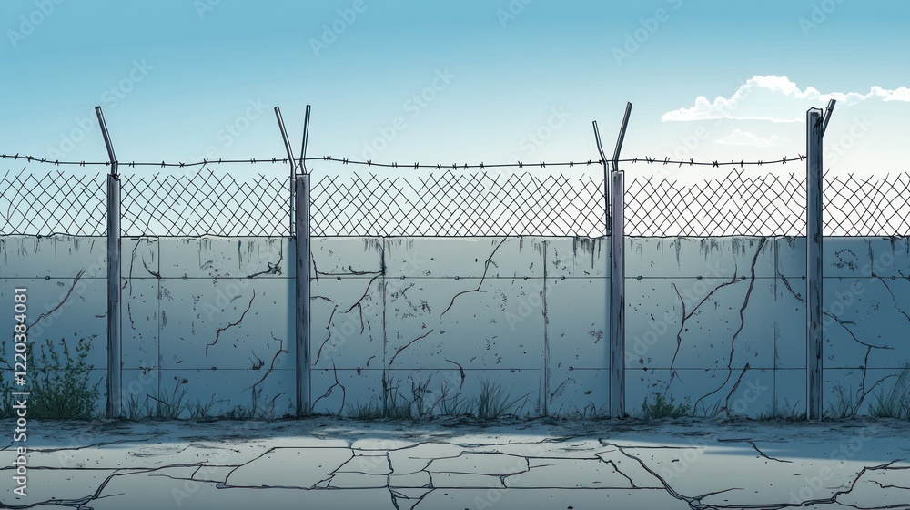 Cracked concrete wall with barbed wire fence under blue sky. Cracked concrete wall with barbed wire fence under blue sky.