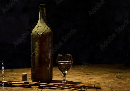 Bottle of white wine and a glass