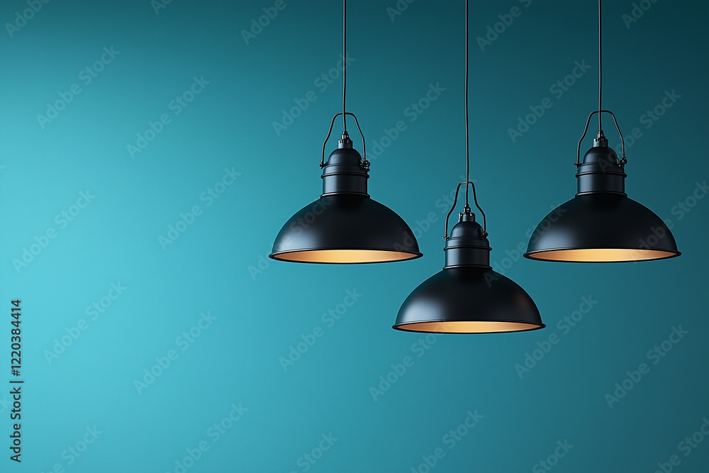 Obraz premium Three Black Pendant Lamps Hanging Against Blue Background, Industrial Style.