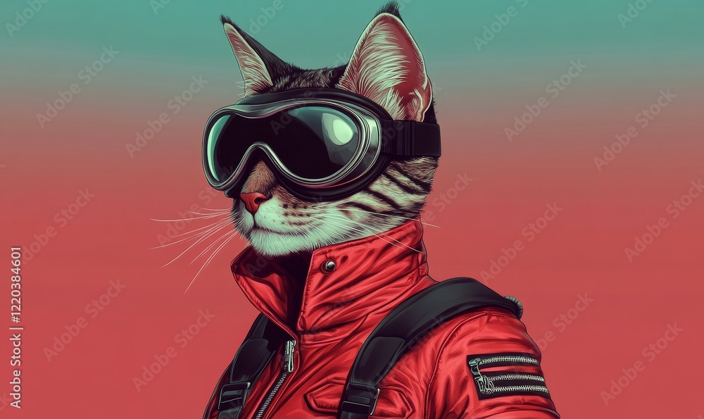 Hyper-realistic anthropomorphic lady cat in stylish red biker jacket and futuristic goggles, pop art style digital illustration, Generative AI Hyper-realistic anthropomorphic lady cat in stylish red biker jacket and futuristic goggles, pop art style digital illustration, Generative AI