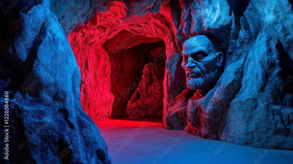 A red and blue cave with large rocks. The scene shows an old man made of stone in front of it, reminiscent of a still from a horror movie. A red and blue cave with large rocks. The scene shows an old man made of stone in front of it, reminiscent of a still from a horror movie.