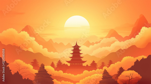 Nyepi Day Banner with orange and golden red color gradation resembling the rising sun, in the middle there is a silhouette of a temple, a background of thin clouds above the mountains, Ai generated photo