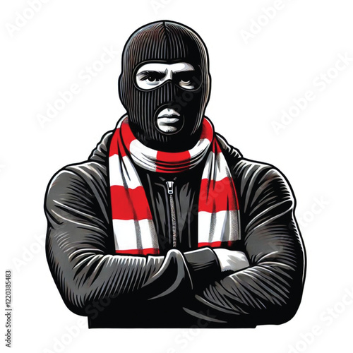 Ultras hooligan football supporters wearing balaclavas and hoodies, wearing football scarves on transparent background. Design for posters and stickers.