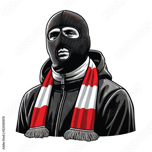 Ultras hooligan football supporters wearing balaclavas and hoodies, wearing football scarves on transparent background. Design for posters and stickers.