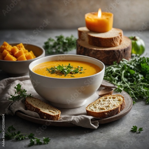 Creamy Butternut Squash Soup with Bread Slices Roasted Butternut Squash Soup Guriltai Shul with Minimal Garnishes on Light Gray Surface Silky pumpkin soup presented beautifully in a pristine bowl  photo