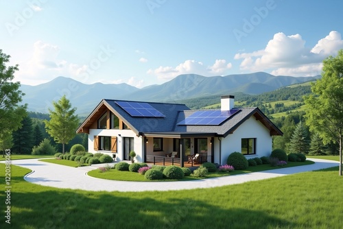 A beautiful eco-friendly house featuring solar panels in a serene rural setting with mountain views