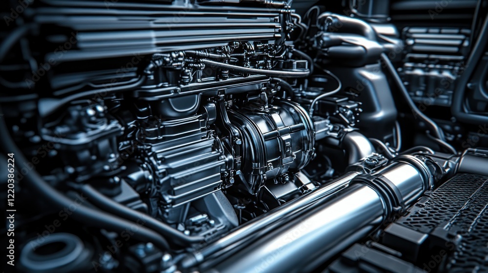 Close-up view of a powerful and intricate car engine, showcasing its complex mechanical components and sleek design. High-detail image emphasizing the precision engineering. Close-up view of a powerful and intricate car engine, showcasing its complex mechanical components and sleek design. High-detail image emphasizing the precision engineering.