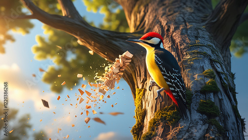 Woodpecker Chiseling Tree Bark Amidst Sunlit Nature Scene in Vibrant Colors photo