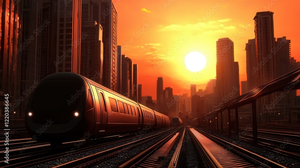 Fototapeta premium clean energy renewable marketing concept. Train passing through a vibrant cityscape at sunset with skyscrapers and railway tracks.