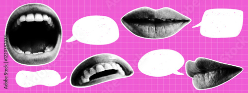 Set of retro style paper cut halftone mouth and lips with speech bubbles. Y2K collage design.