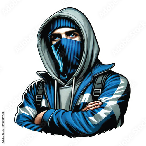 Ultras hooligan football supporters wearing balaclavas and hoodies, wearing football scarves on transparent background. Design for posters and stickers.