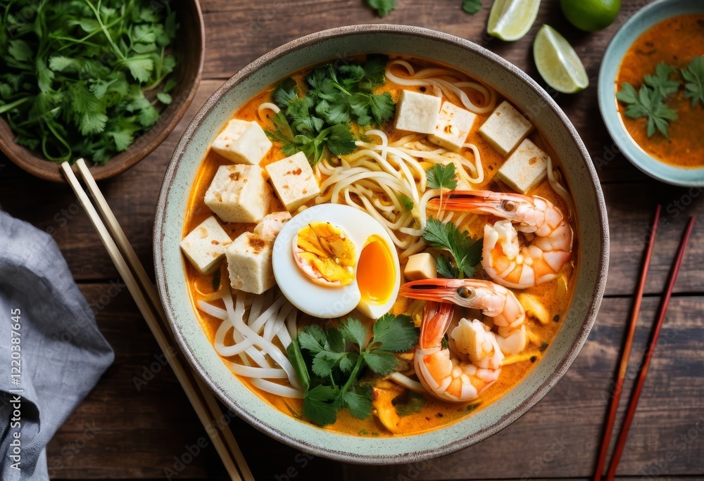 Delicious Creamy Laksa Soup with Shrimp, Tofu, and Egg in a Bowl Delicious Creamy Laksa Soup with Shrimp, Tofu, and Egg in a Bowl