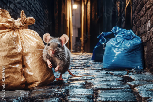 Urban Wildlife in Action Concept. A curious rat scurries past trash bags in a narrow alley photo