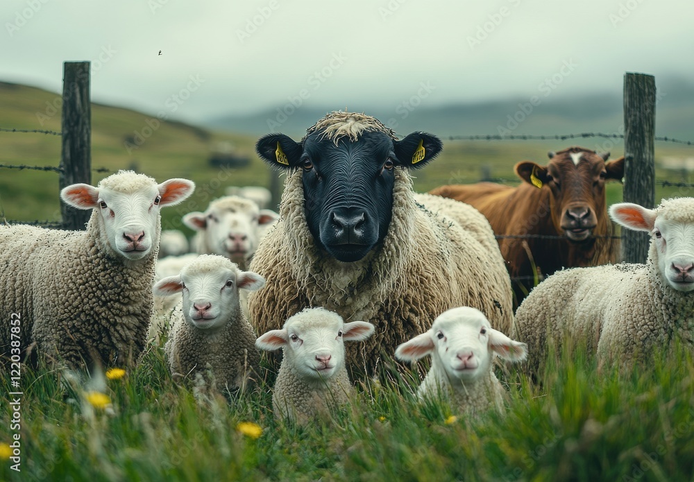 Obraz premium A Group of Sheep and a Black-Faced Sheep Standing Together in a Green Pasture Under a Cloudy Sky, Highlighting the Beauty of Rural Livestock Farming