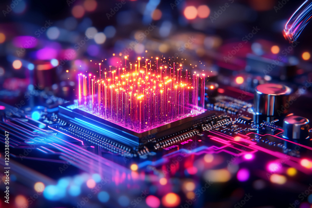 Obraz premium High-tech iridescent blueprint of a quantum computing system, featuring radiant qubits and intricate interconnections pulsing with light, symbolizing futuristic technology and innovation